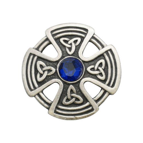 XDHBR0227-F Round Celtic Cross Blue Gem Stone Brooch