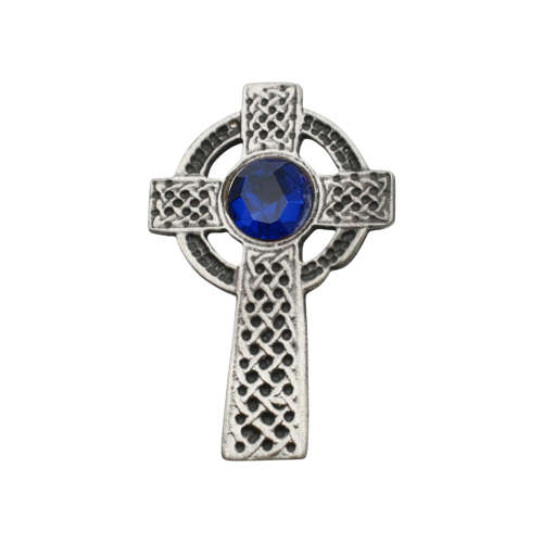 XDHBR0157-F Celtic Cross Blue Gem Stone Brooch