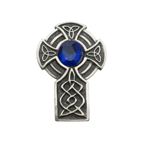 XDHBR0253-F Celtic Cross Blue Gem Stone Brooch