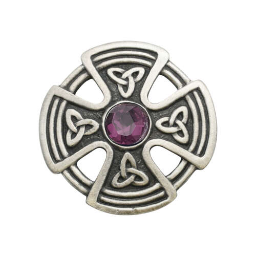 XDHBR0227-F Round Celtic Cross Purple Gem Stone Brooch