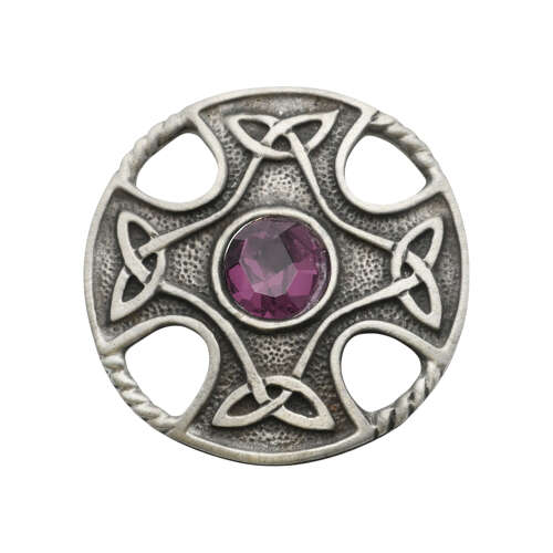 XDHBR0177-F Celtic Round Cross Purple Gem Stone Brooch