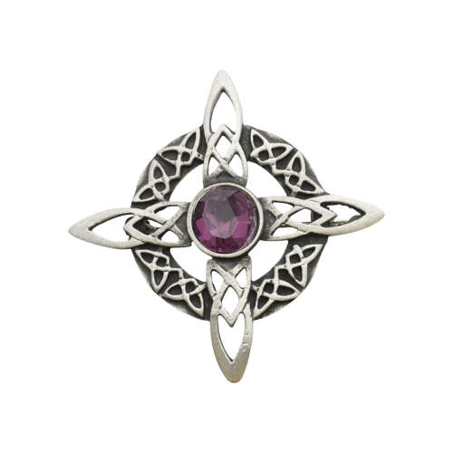 XDHBR0164-F Celtic Round Cross Purple Gem Stone Brooch