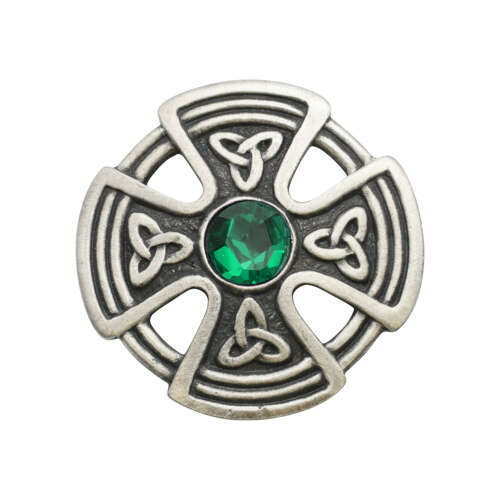 XDHBR0227-F Round Celtic Cross Green Gem Stone Brooch