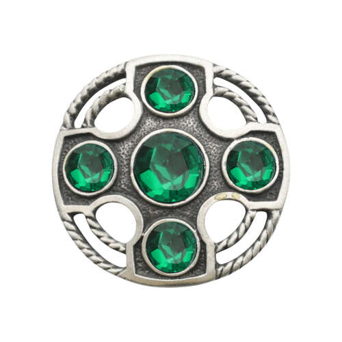 XDHBR0169-F Celtic Round Cross Green Gem Stone Brooch
