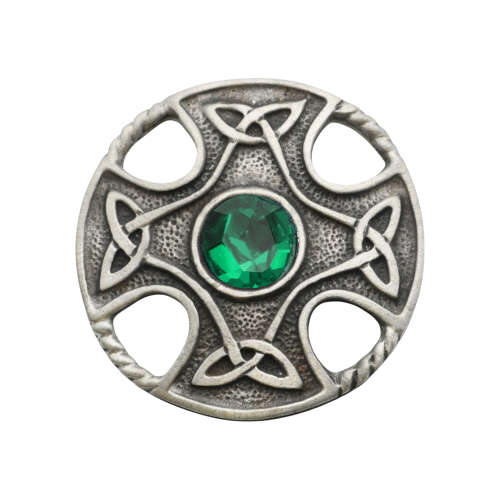 XDHBR0177-F Celtic Round Cross Green Gem Stone Brooch