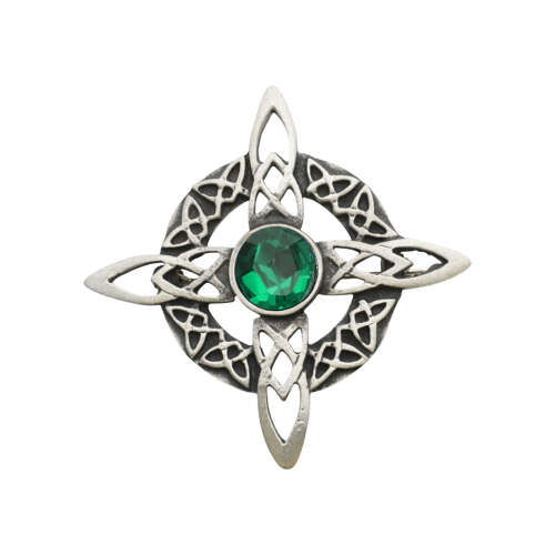 XDHBR0164-F Celtic Round Cross Green Gem Stone Brooch