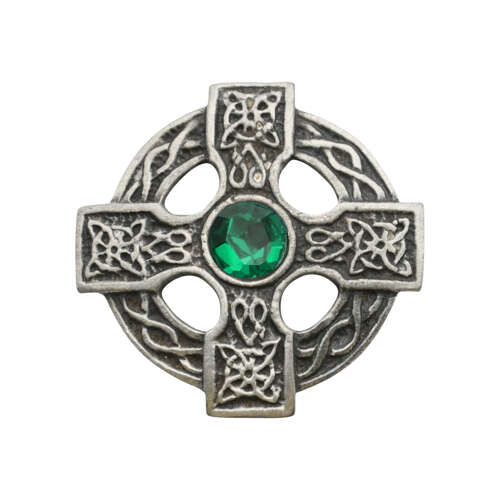 XDHBR0311-F Celtic Cross Green Gem Stone Brooch