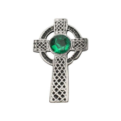 XDHBR0157-F Celtic Cross Green Gem Stone Brooch