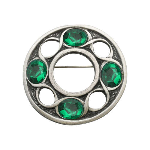 XDHBR0328-F Celtic Green Gem Stone Round Brooch