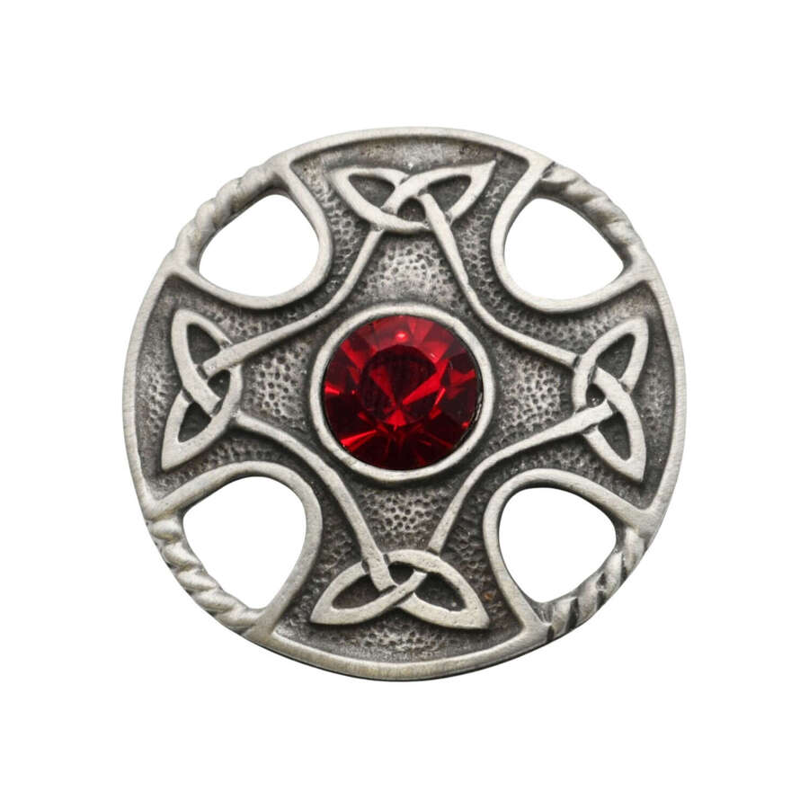 XDHBR0177-F Celtic Round Cross Red Gem Stone Brooch