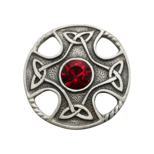 XDHBR0177-F Celtic Round Cross Red Gem Stone Brooch