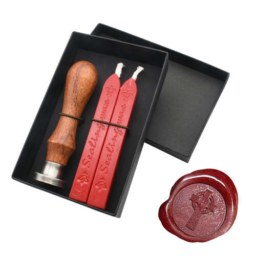 XDHWS006 Pewter Celtic Cross Wax Seal With Wooden Handle & Wax Sticks