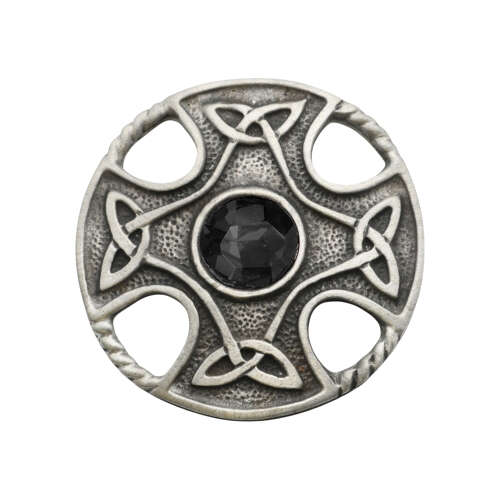 XDHBR0177-F Celtic Round Cross Black Gem Stone Brooch