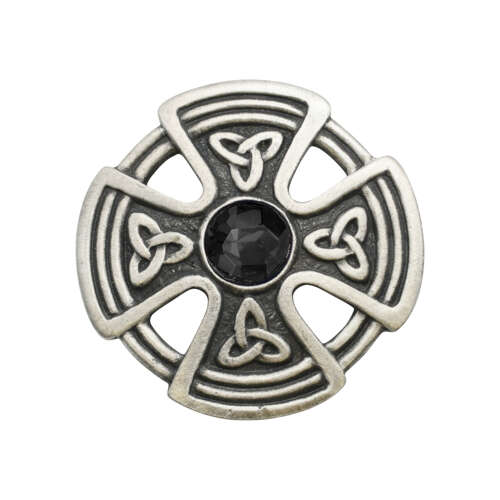 XDHBR0227-F Round Celtic Cross Black Gem Stone Brooch