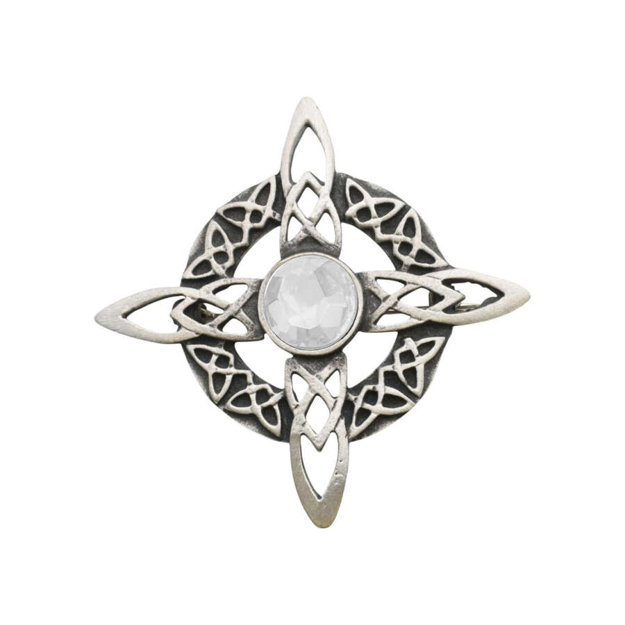 XDHBR0164-F Celtic Round Cross Clear Gem Stone Brooch
