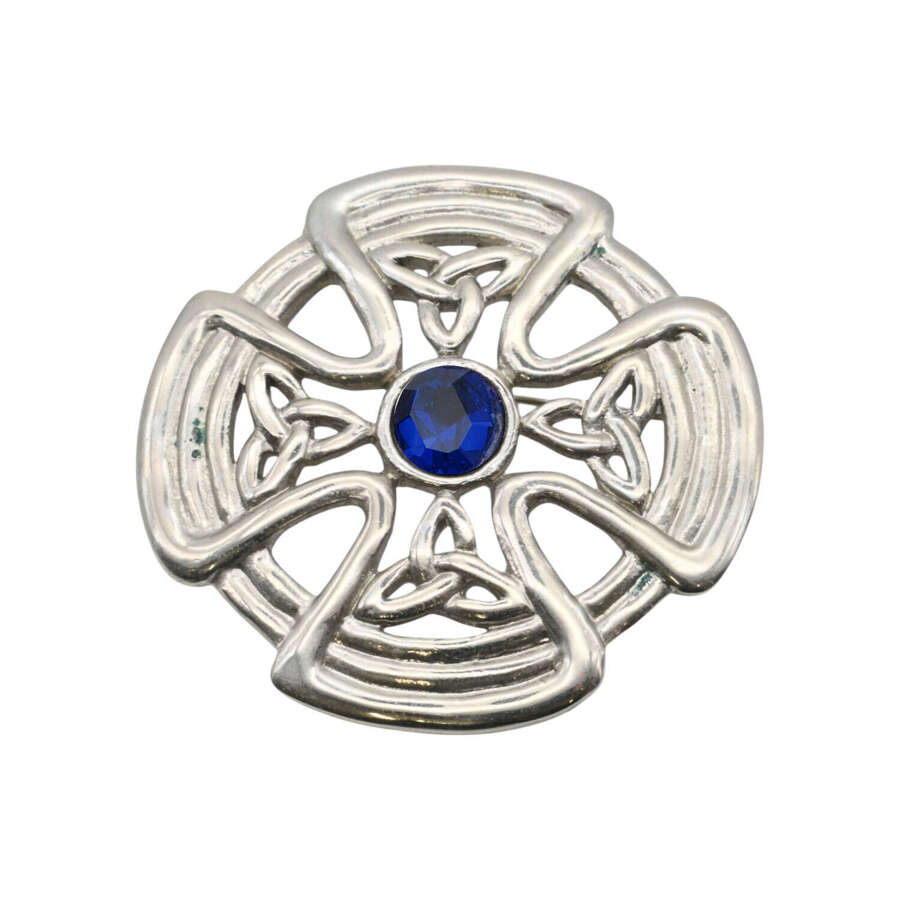 XDHBR0625-F Celtic Shield Blue Gem Stone Brooch