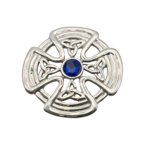 XDHBR0625-F Celtic Shield Blue Gem Stone Brooch