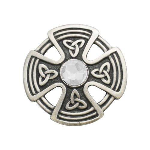 XDHBR0227-F Round Celtic Cross Clear Gem Stone Brooch