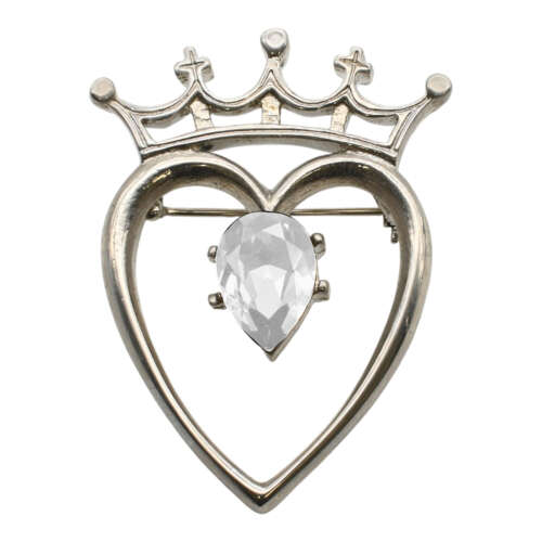 XDHBR1694-F Heart with Crown Clear Gem Stone Brooch
