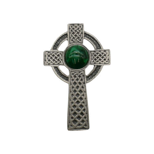 XDHBR0155 Celtic Cross Green Stone Brooch