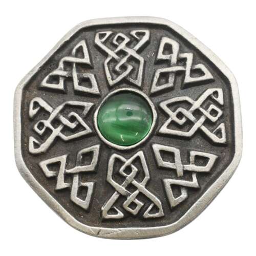 XDHBR0260 Celtic Round Cross Green Stone Brooch