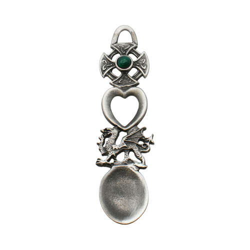 XCSWL16 Antique Finish Pewter with Green Stone Celtic Cross Lovespoon