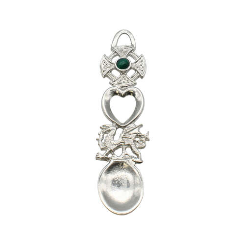 XCSWL16S Bright Pewter with Green Stone Celtic Cross Lovespoon
