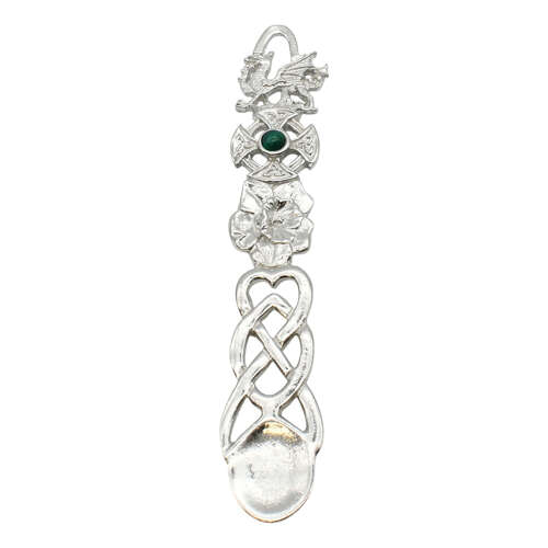 XCSWL115S Bright Pewter Green Stone Celtic Lovespoon
