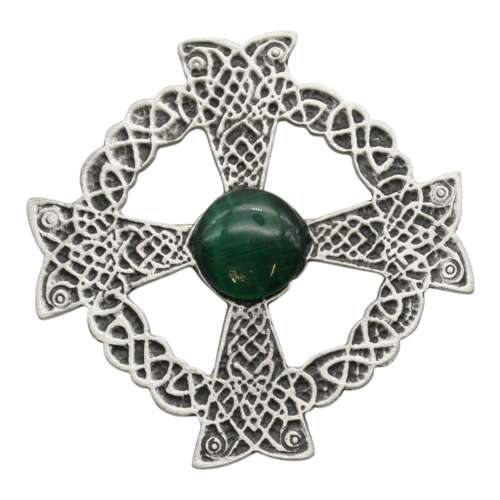 XDHBR0166 Celtic Round Cross Green Stone Brooch