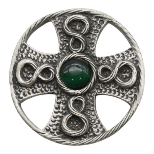 XDHBR0168 Celtic Round Cross Green Stone Brooch