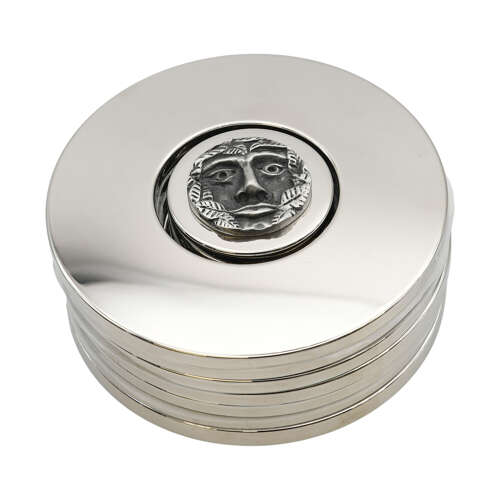 XFE011-XDHCC0798 Green Man Design Polished Silver Coaster Set in Gift Box