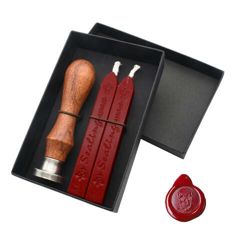 XDHWS029 Pewter Skull Wax Seal With Wooden Handle & Wax Sticks